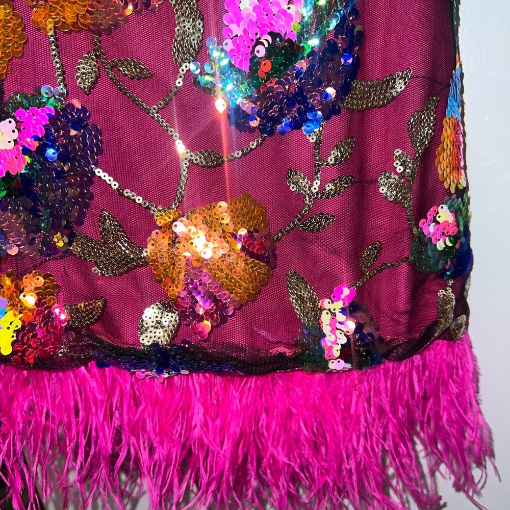 Halter Sequin Mini Dress with Feather Hem - Magenta - Picture 2 of 7
